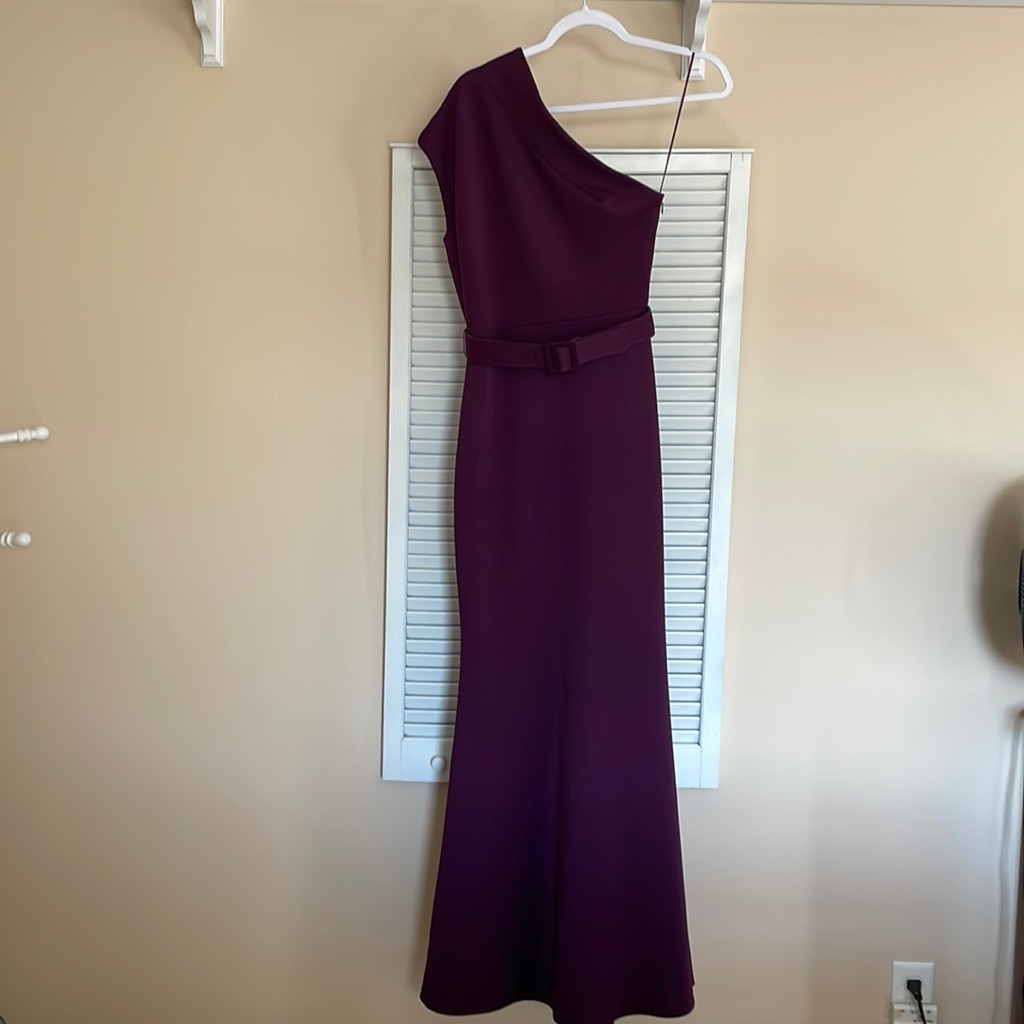 Badgley Mischa Plum One Shoulder Belted Gown